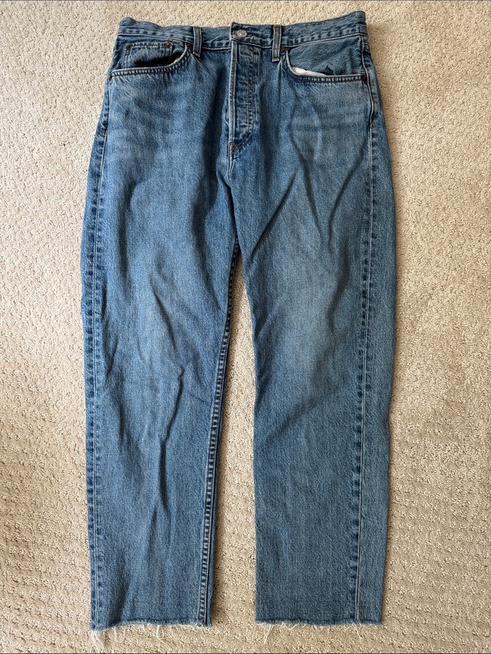 Re/Done High Rise Stove Pipe Jeans in Medium Blue Raw Hem Made in USA | Size 30